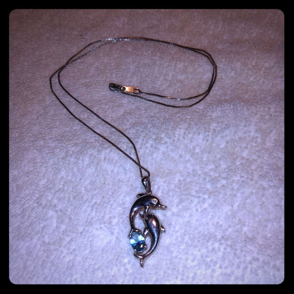 Dolphin Sterling Silver Blue Topaz Gem Necklace !